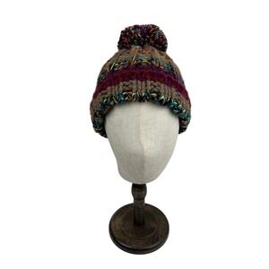 Andes Gifts Alpaca Blend Knit Beanie Pom Pom Hat Multi Color Striped Peru